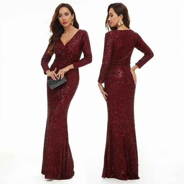 Vestido de cola de pez con lentejuelas y escote en V y manga larga, vestido de noche para banquete de anfitriona, vestido largo para mujer, vestido de dama de honor, vestido para brindis