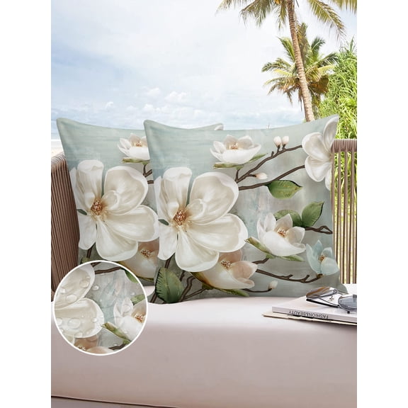 Outdoor Throw Pillow Cover Spring White Blossom Magnolia Flowers Waterproof Cushion Covers 2 Pack Vintage Oil Painting Art Pillow Cases Home Decoration for Patio Garden Couch Sofa