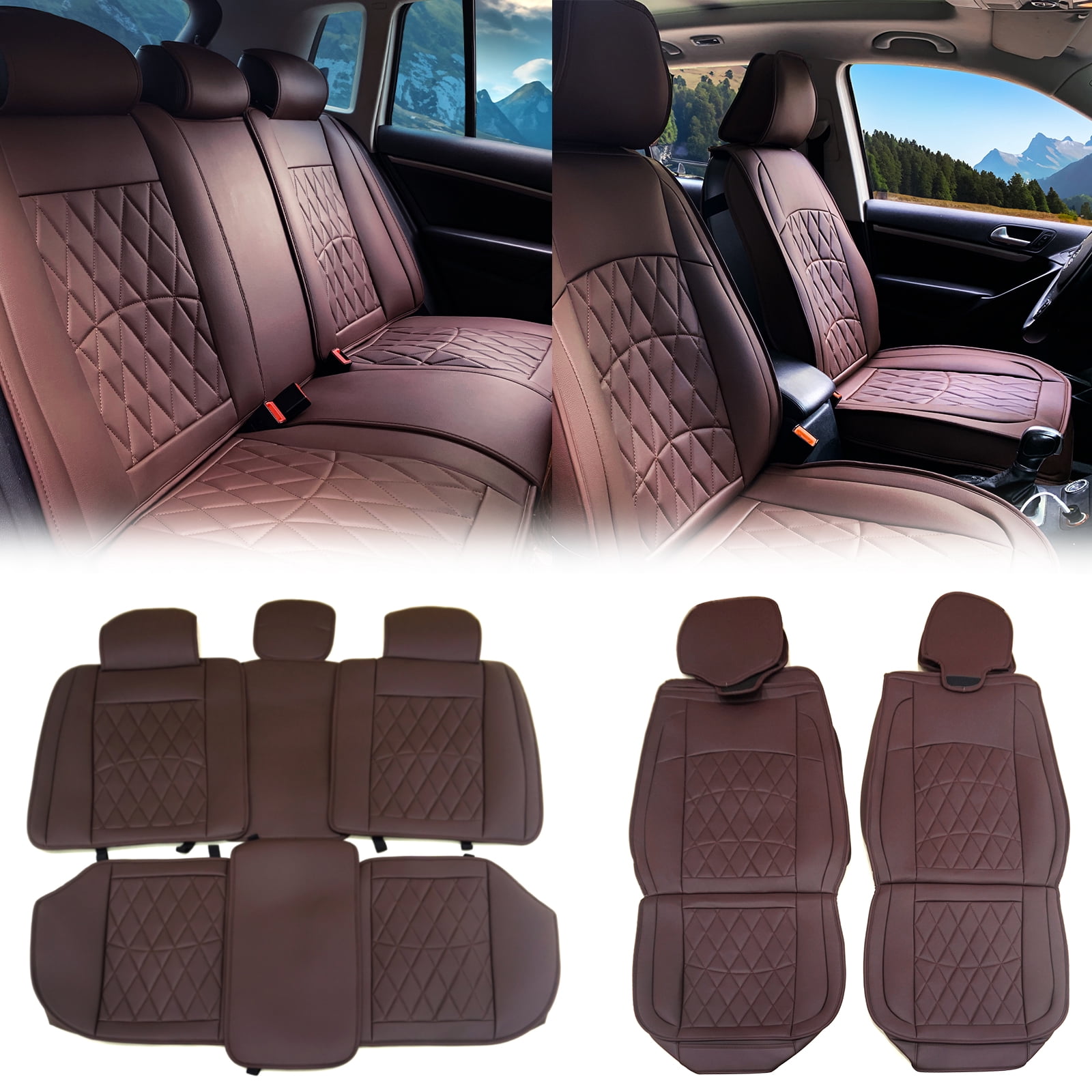Ikon Motorsports Universal Car Seat Covers 04 Style Brown PU Leather Front Second Row Auto Seat Cover Cushion Protectors 5-Seat Full Set