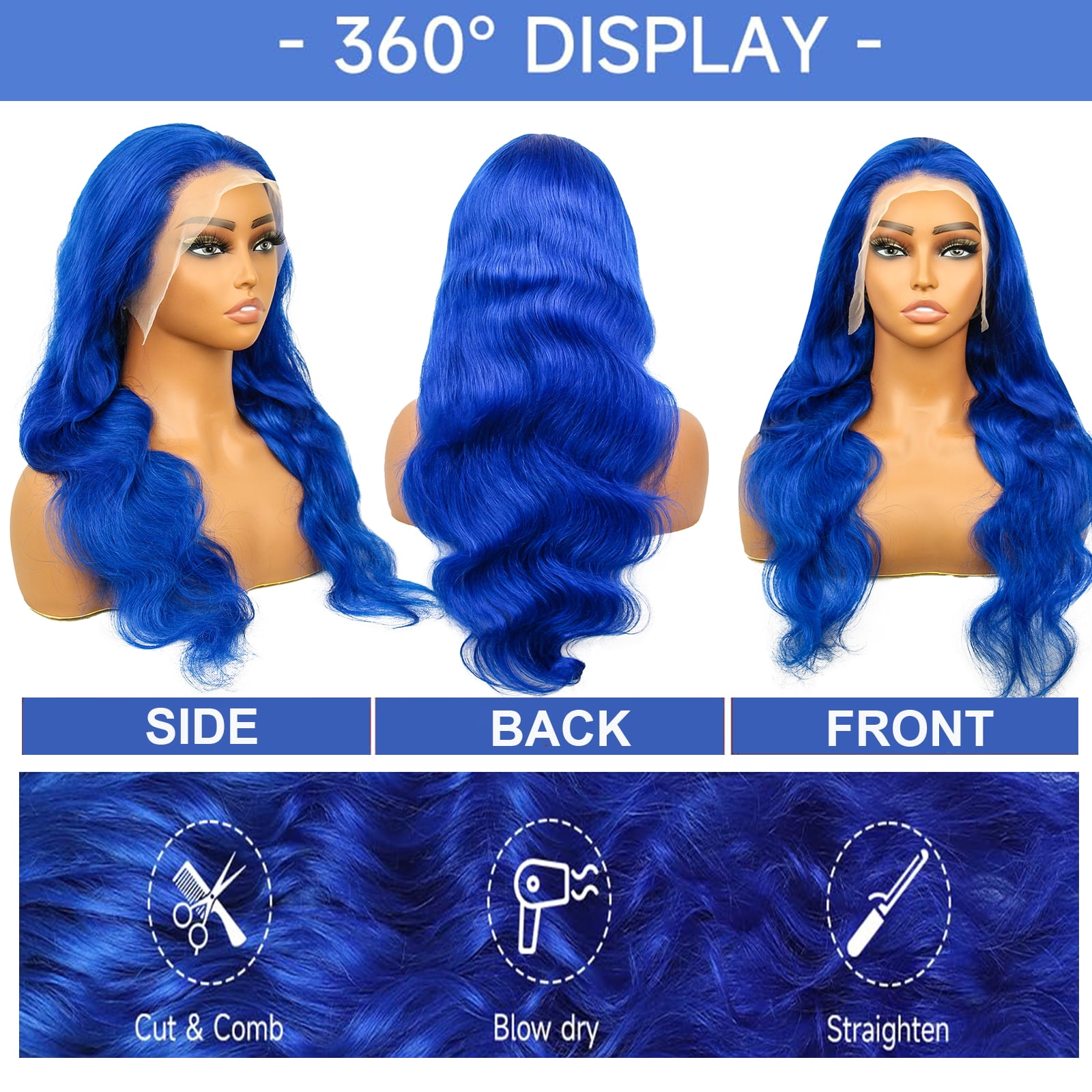 13*6 Inch HD Lace Closure 100% Human Hair Wig Body Wave Lace Front Wig 28" Blue Hair Heat Resistant Bleachable