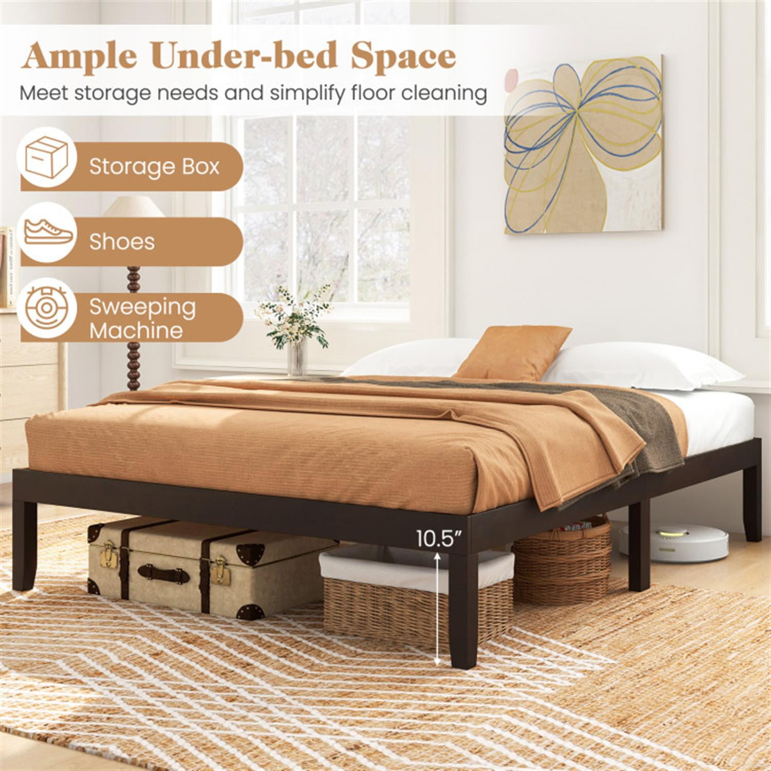 Demi Bonn Queen Size Bed Frame with Wooden Slats Support and Rubber Wood Legs, Acacia Wood Platform Bed Frame with Under Bed Storage, No Box Spring Needed, Brown
