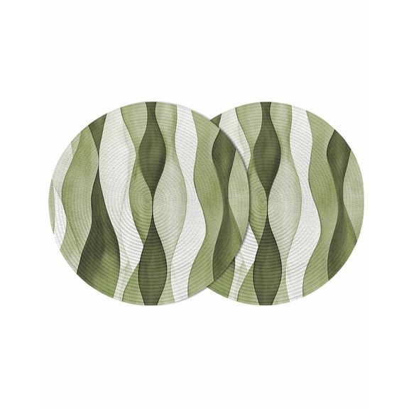 Sage Green Stripes Round 15 Inch Placemats Set of 2, Retro Farmhouse Abstract Ripple HeatResistant Non Slip Place Mats for Dining Table, Wipeable Braided Kitchen Table Mats for Housewarming