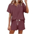 thumbnail image 2 of Riforla Women's Solid Color Short Sleeved Shorts Casual Set Button Drawstring Tie up Sportswear 2 Piece Sets Women Outfit Brown XL, 2 of 5