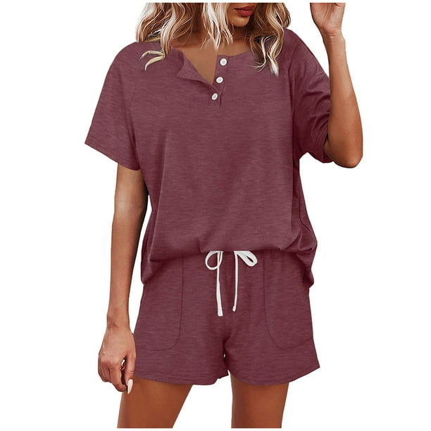 Conjunto informal de pantalones cortos de manga corta para mujer: cordón con botones, cintura elástica, ropa deportiva