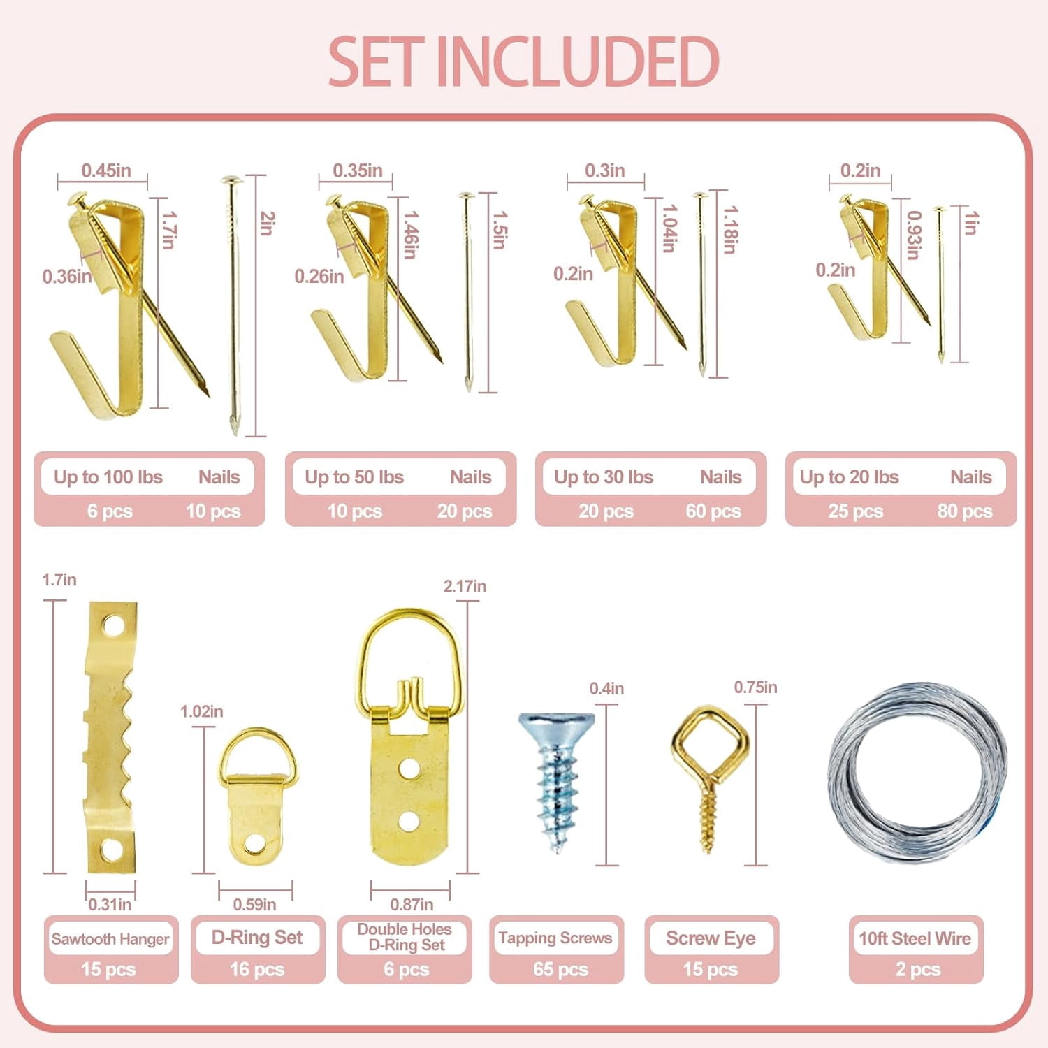 TOYIEW Picture Hanging Kit Tool, 352pcs Hanging Hardware with Heavy Duty Frame Hooks, Wire, Nails, D Rings, Photo Sawtooth Hangers, Wall Art Hanging Kit with Laser Level, Pink Claw Hammer