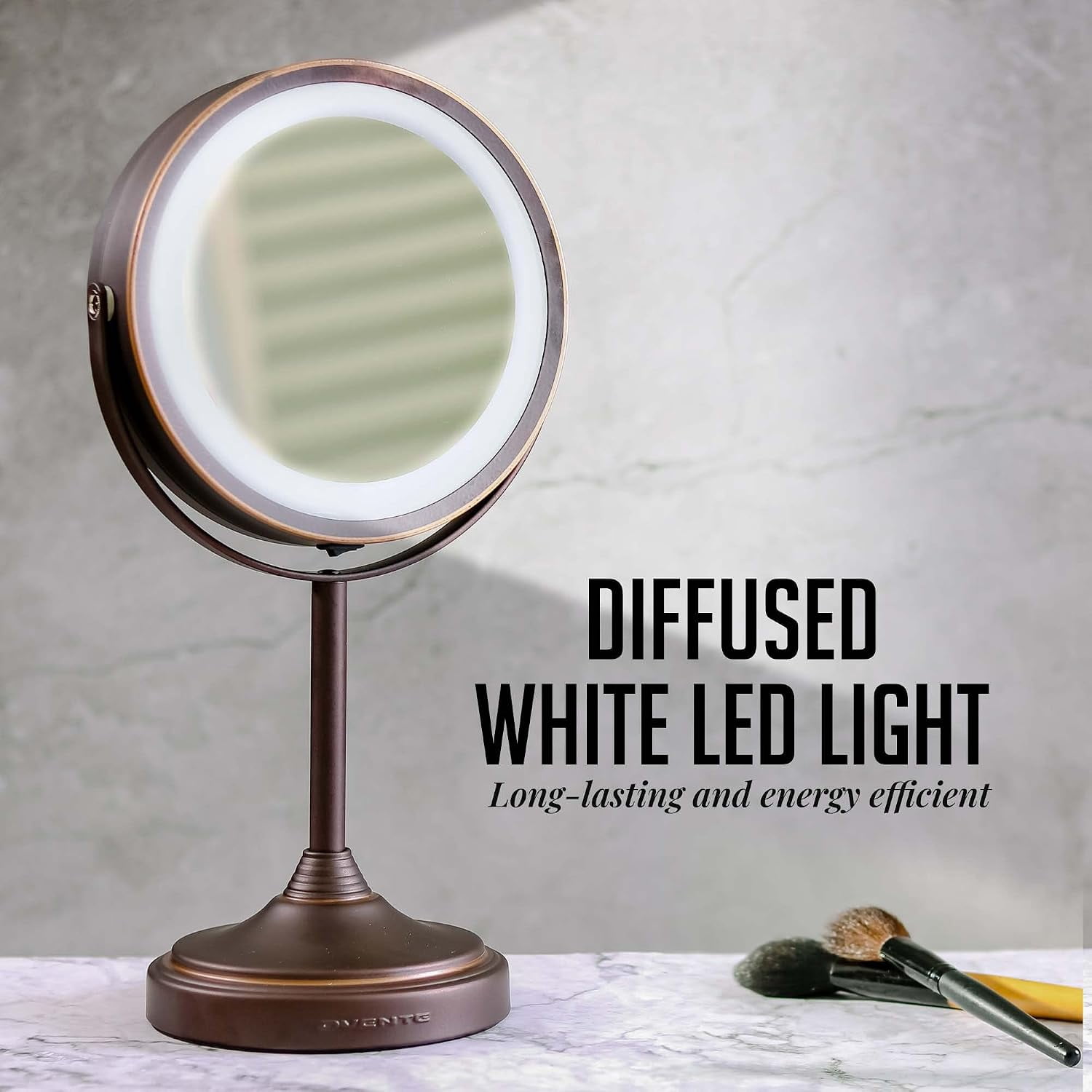 OVENTE 7" Rechargeable Lighted Tabletop Makeup Mirror with 1X/7X Magnification, Double Sided Magnifying Vanity Mirror, 360° Swivel Design, LED White Light and USB Plug, Antique Bronze MCTR70ABZ1X7X