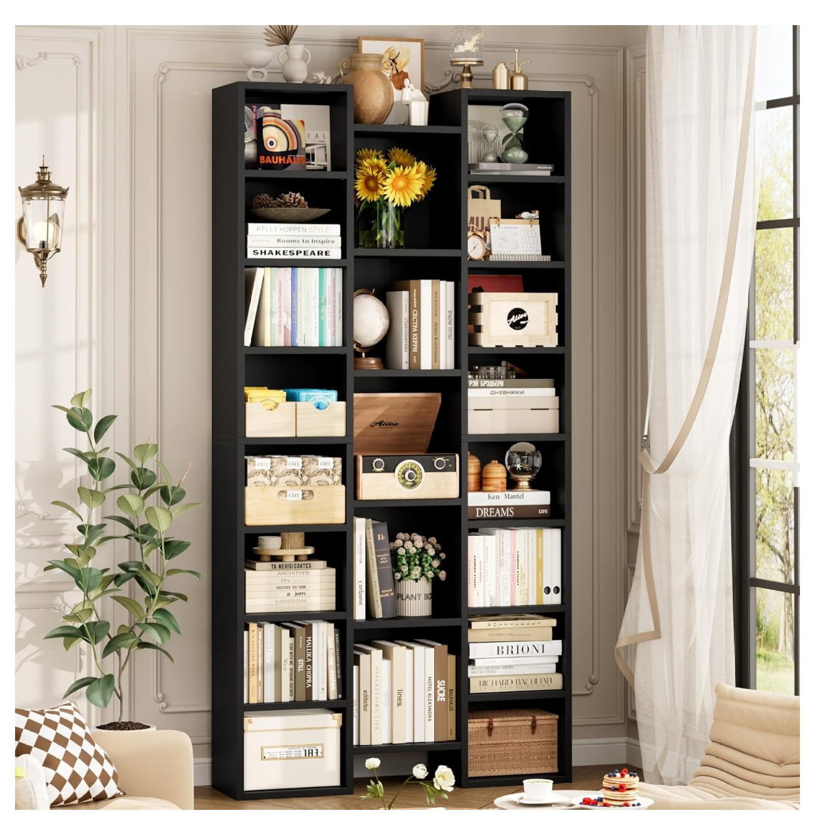 71’’ Tall Bookshelf, Triple Wide Black Bookshelf with Adjustable Shelves, 8 Tier Media Storage Tower Rack, Diaplay Cabinet Shelf, Cube Storage Organizer Shelf for Home Office, Black