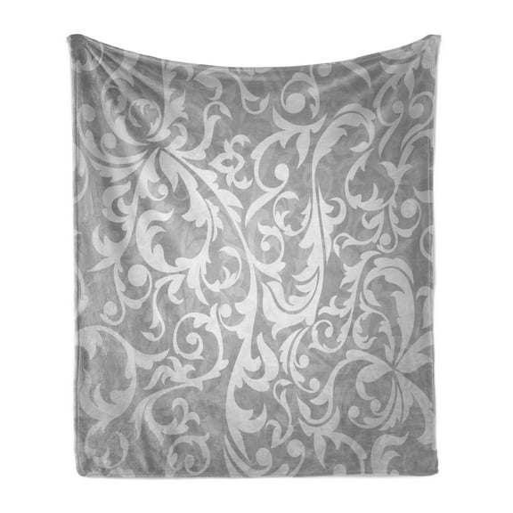Grey Soft Flannel Fleece Throw Blanket, Victorian Style Large Leaf Floral Pattern Swirl Classic Abstract French Vintage Print, Cozy Plush for Indoor and Outdoor Use, 50" x 70", Grey, by Ambesonne