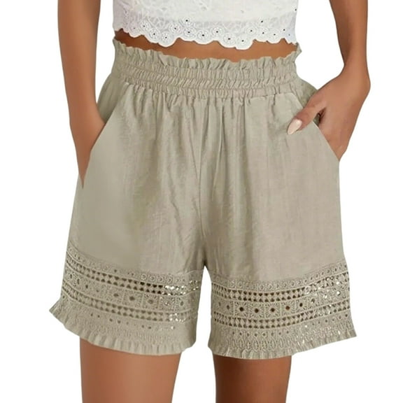JIAYUE Women's Shorts Casual Loose Fit Everyday Wear Comfortable Relaxed Solid Color Lace Hem Elastic Waist For Spring Summer Autumn Trendy Female Bottoms