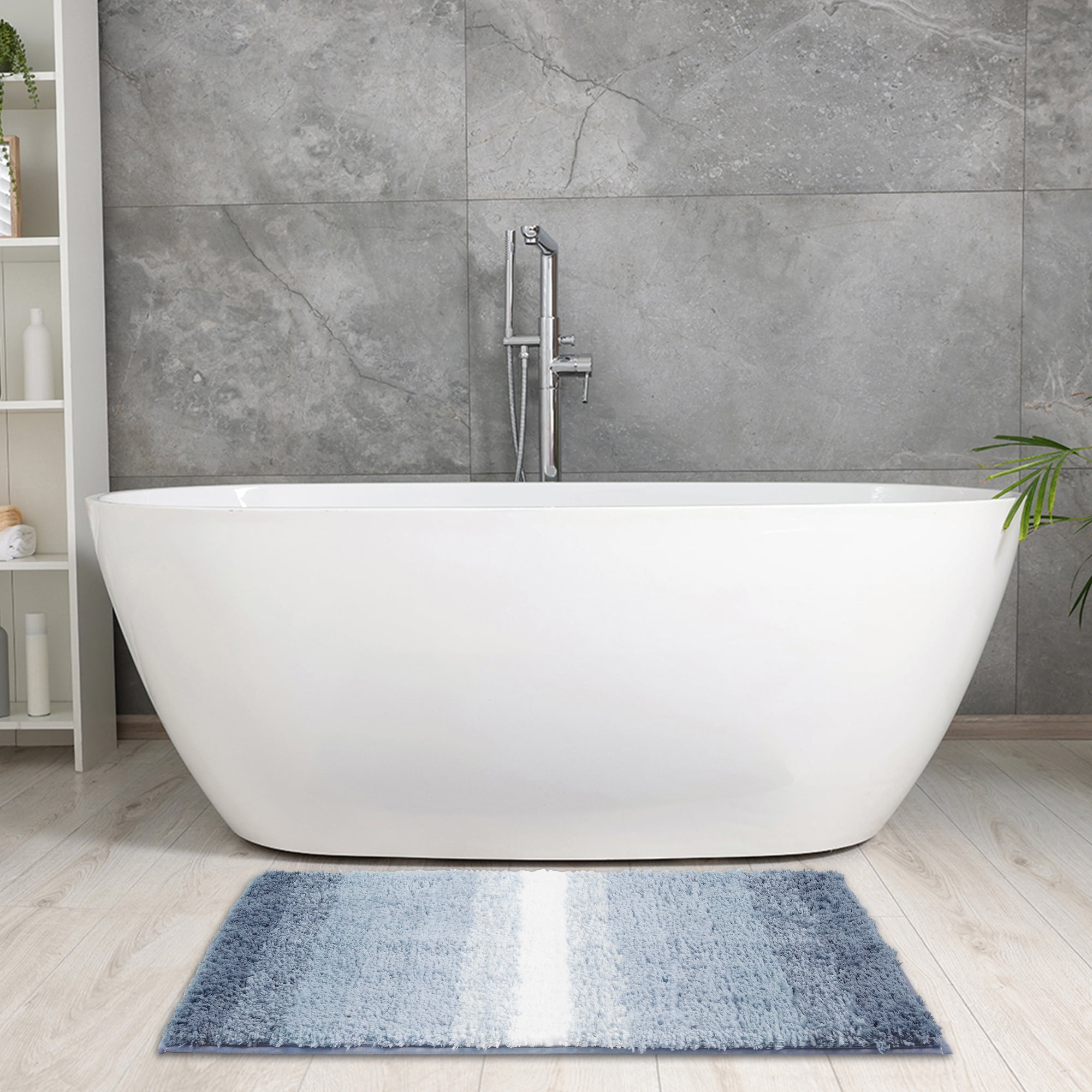 Unique Bargains Absorbent Bath Rug Non-Slip Plush Shaggy Bath Carpet Bath Mats Striped Blue Rectangle 20" x 32"