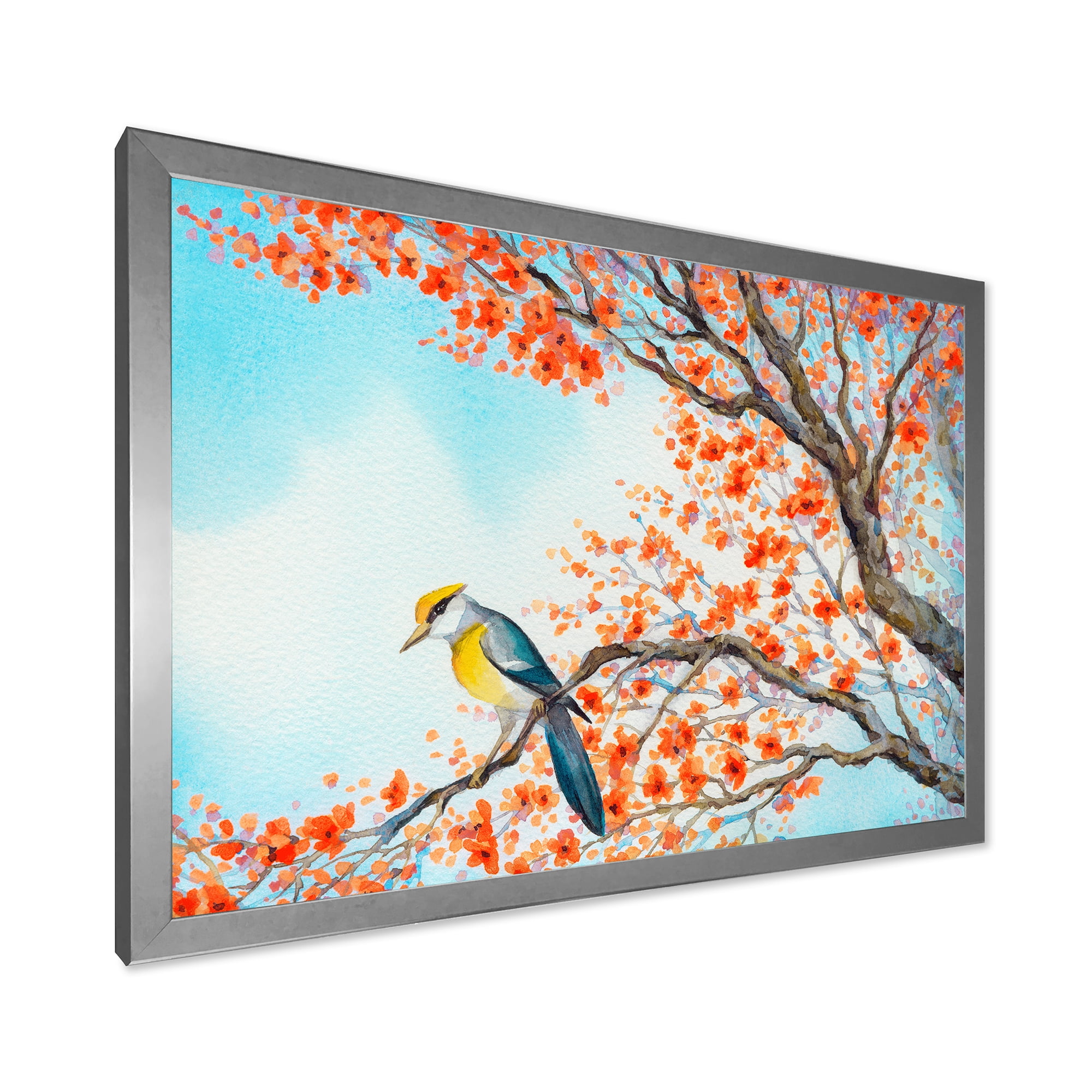 Beautiful Orange Bird Sitting On Flowering Branch 20 in x 12 in Framed Painting Canvas Art Print, by Designart