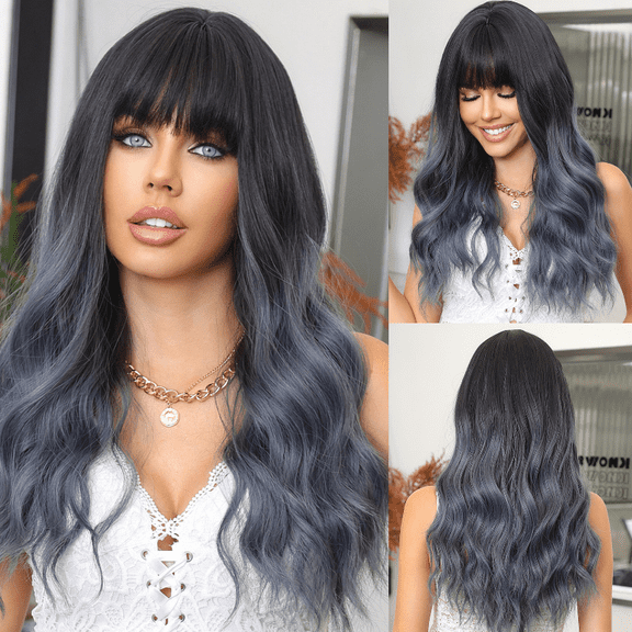 suxuMhao Glueless Synthetic Wig, 26IN Black Gradient Gray Blue Body Wave Long Wig with Adjustable Straps & Breathable Cap, Natural Looking Lightweight Synthetic Hair Wig for Daily Wear, 1 Piece