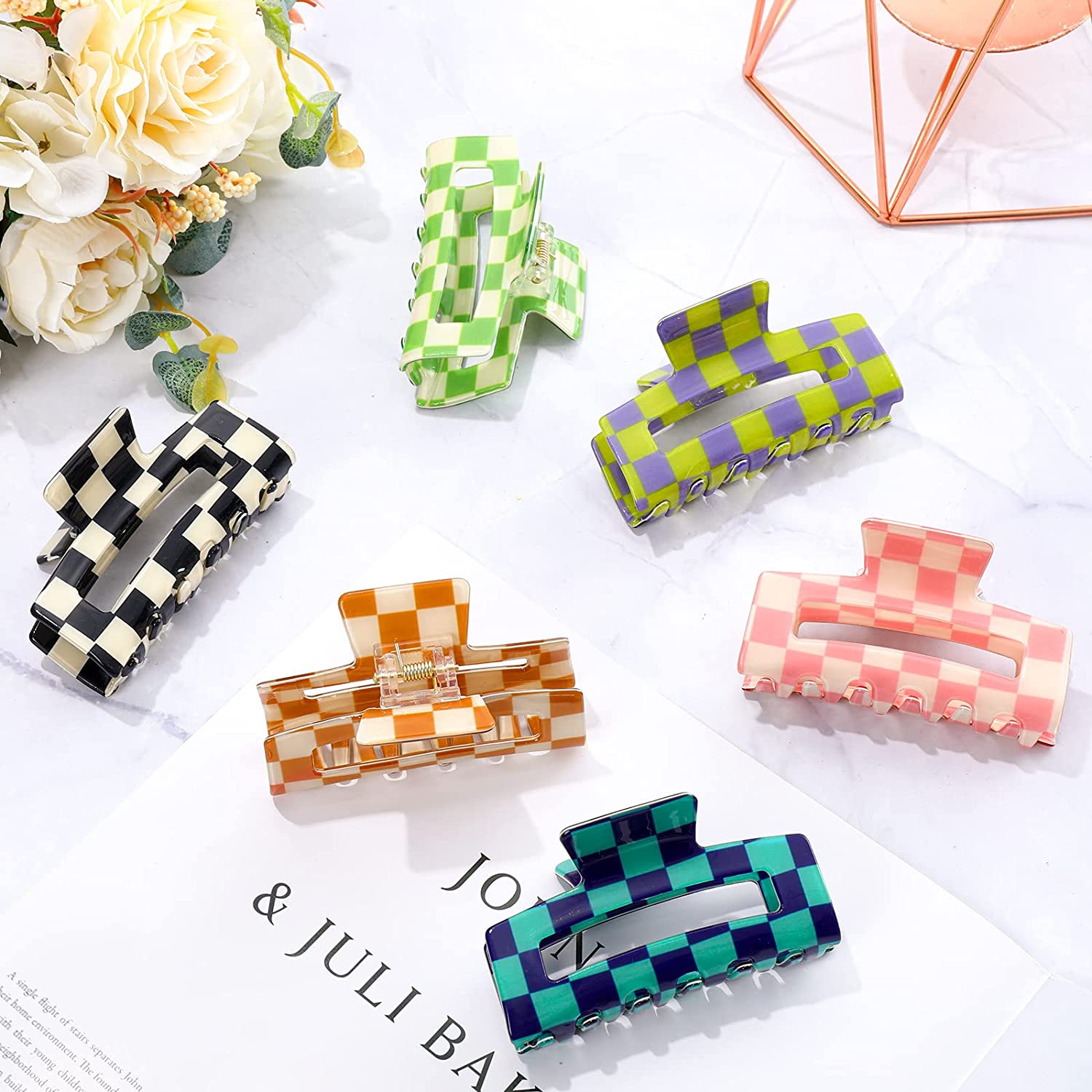 6 Pcs Checkered Hair Claw Clips Rectangle Strong Hold Checkered Rectangle Hair Claw Clips and Barrettes- 6 Pcs  main image 3