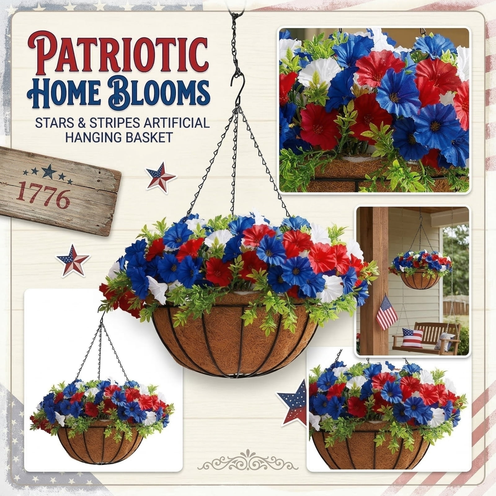4th of July Hanging Flower Basket with Artificial Flowers, Patriotic Red White Blue Faux Hanging Planter for Porch Garden Patio Balcony Independence Day Home Decor 250th Anniversary Decorations