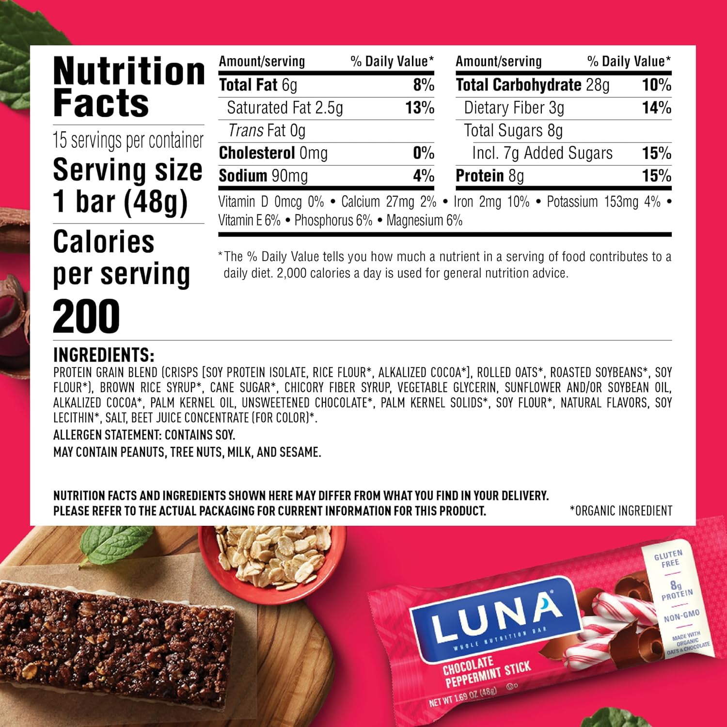 Luna Bar - Chocolate Peppermint Stick - Whole Nutrition Snack Bars - 1.69 oz (15 Count)