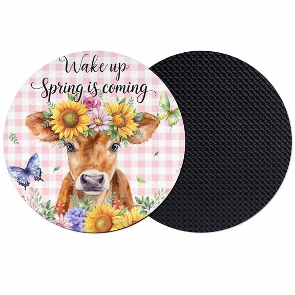Spring Cow Coasters Set of 2, Absorbent Coasters for Drinks, Summer Sunflower Botanical Pink Plaid Coaster for Desk Coffee Table Protection, Home Decor House Warming Gifts 4"
