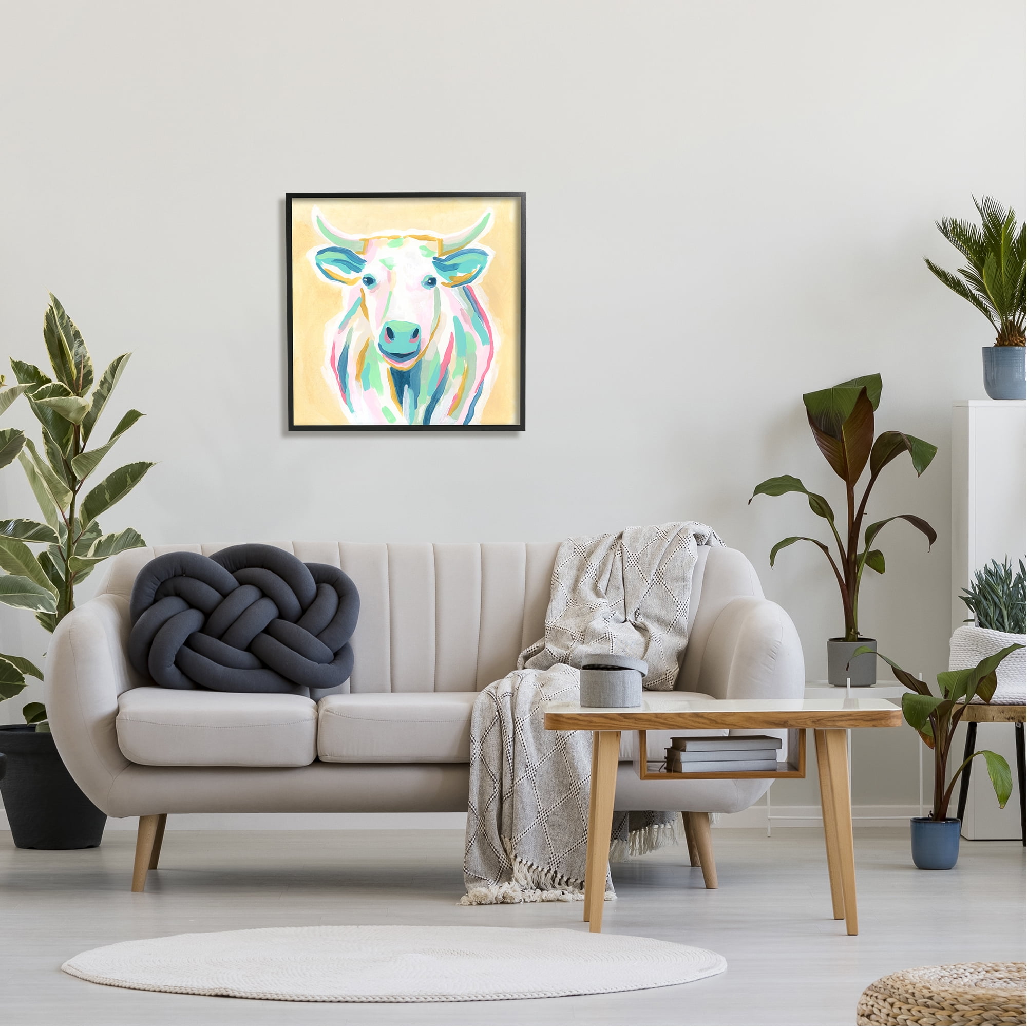 Stupell Industries Pastel Smiling Cattle Animals & Insects Painting Black Framed Art Print Wall Art, 24 x 24