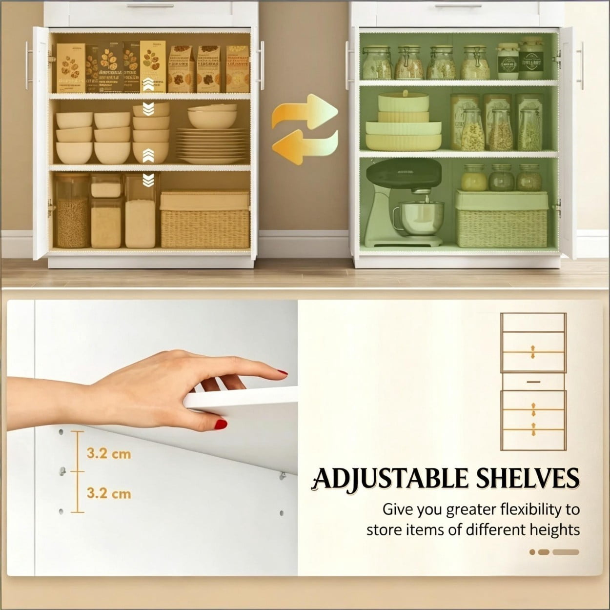 72" Tall Kitchen Pantry Cabinet with Drawer & Adjustable Shelves, Freestanding Storage Cabinet with Doors, Modern Farmhouse Cupboard Organizer for Kitchen Dining Room Living Room, White