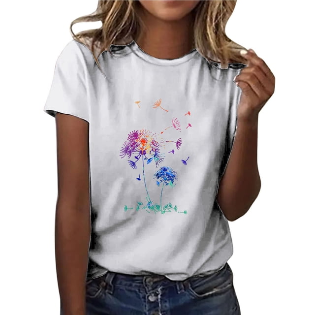 RKSTN T-Shirts Graphiques pour Femmes T-Shirt Imprimé Pissenlit Col Rond Manches Courtes Pull Blouse Tops