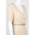 thumbnail image 3 of Adrianna Papell V-Neck 3-4 Sleeve Ruched Embellished Waist Zipper Back Metallic Knit Dress-CHAMPAGNE / 0, 3 of 6