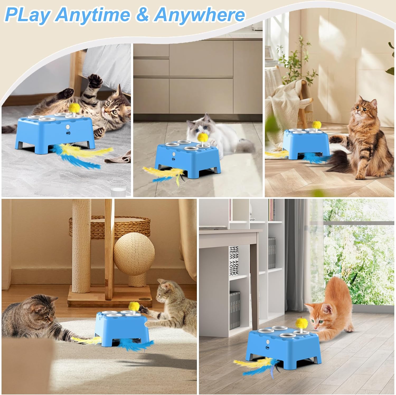 Cat Toys, Interactive Cat Toys, 2-in-1 Automatic Cat Toy, 4 Holes Mice Whack A Mole Cat Mouse Toy with Moving Feather, Portable USB Rechargeable Electronic Kitten Toys