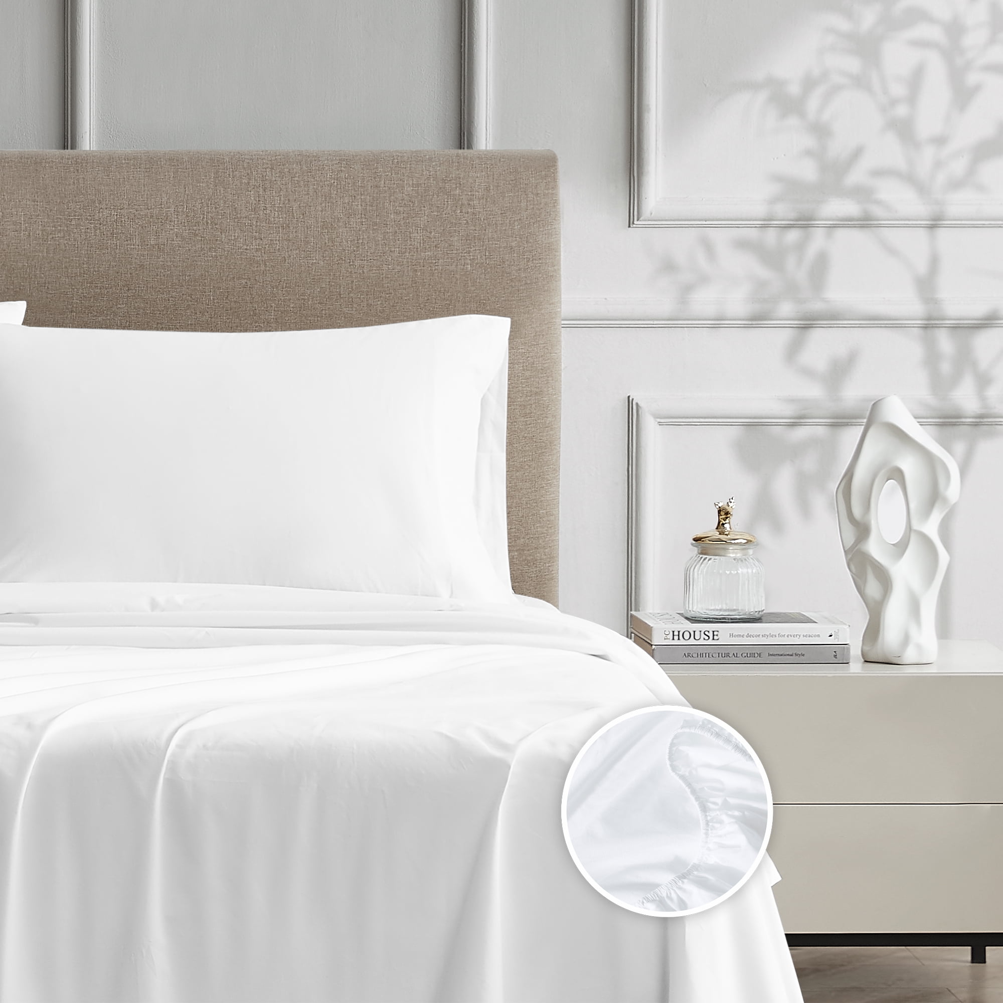 Color Sense 4-Piece 100% Cotton Percale Bed Sheet Set, Cool & Crisp Bedding, Queen, White