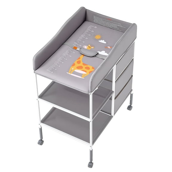 KFFKFF Portable Diaper Changing Table with Adjustable Height, Storage Organizer, Lockable Wheels, and 3 Fabric Drawers, Gray