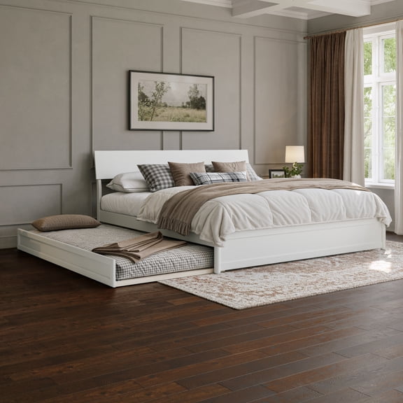 Norla King Wood Platform Bed with Footboard and Twin XL Trundle in White