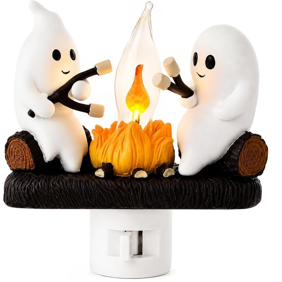 Ghost Campfire Night Light, Plug-in Wall Flickering Flame Nightlight, Halloween 3D Cute Spooky Marshmallow Ghost Decoration for Bedroom, Spooky Season Home Halloween Decor for Kids Adults