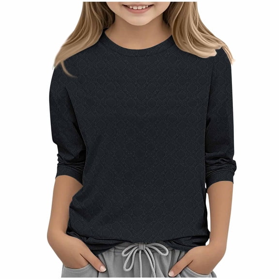 Posijego 3-12 Years Girls 3/4 Sleeve Shirts Summer Crewneck Tops Kids Girls Stretch Loose Casual T-Shirts Solid Color