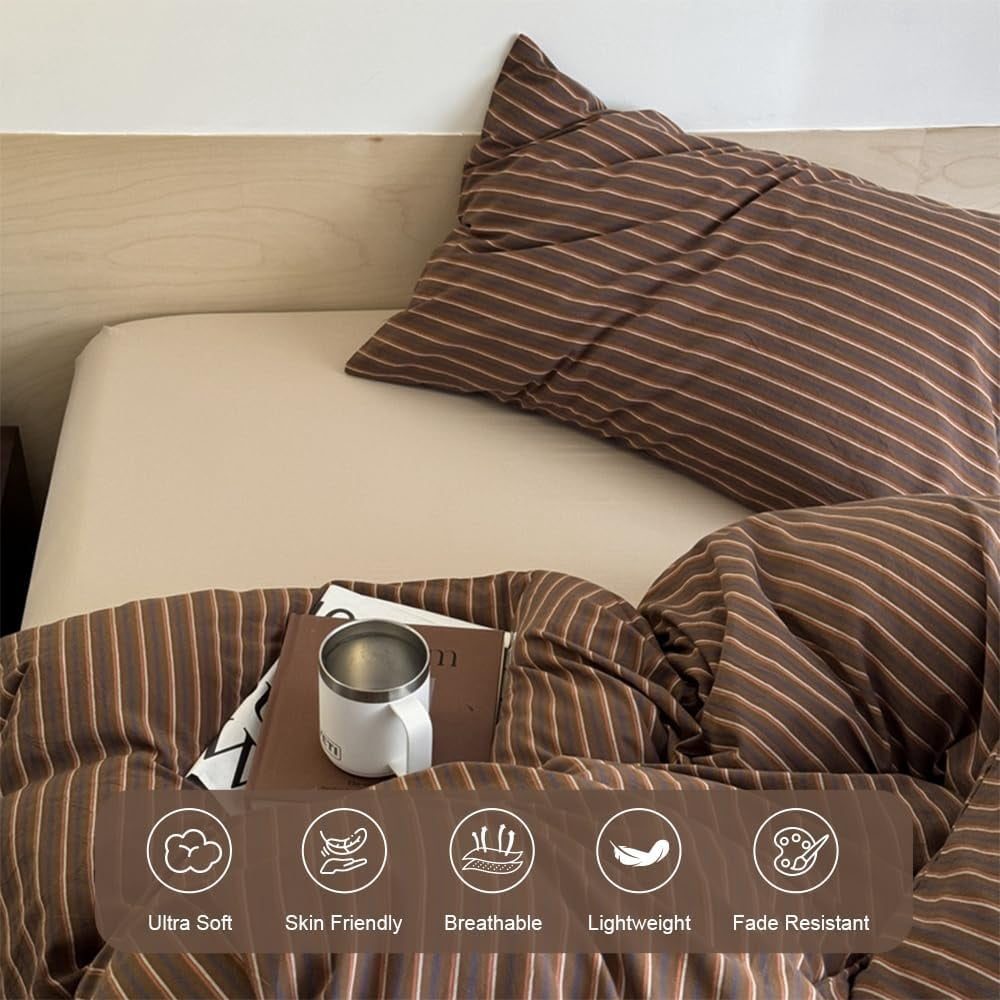JOLUSERE Brown Striped Duvet Cover Queen Set,3-Piece Stripes Pattern Breathable Microfibre Comforter Cover