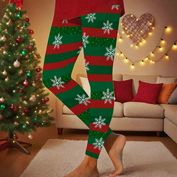 Fengqque Women's Christmas color blocking Leggings Striped Snowflakes Printed High Waisted Tights Trendy Workout Yoga Pants Green XL(XL)