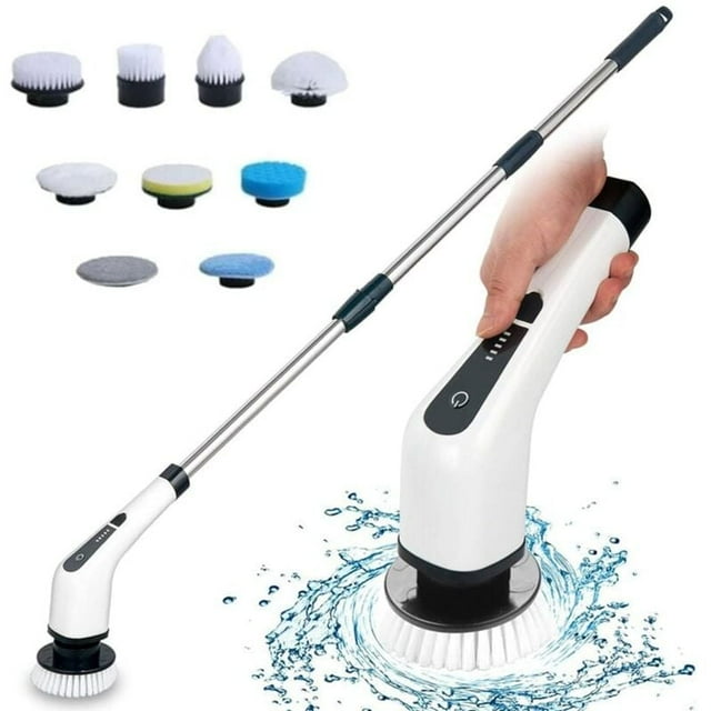 Brosse de nettoyage électrique sans fil, brosse de nettoyage sans fil avec 7 têtes de brosse remplaçables, avec poignée réglable (blanc)