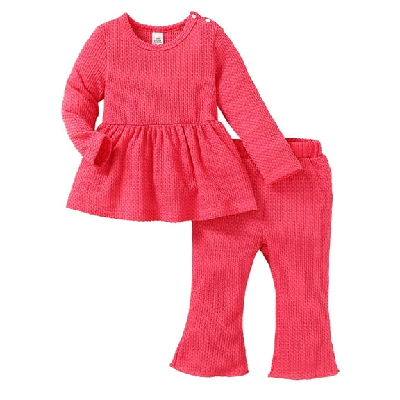 Kucnuzki 2T Toddler GirLs Outfits Fall Winter 3T Toddler Girls Solid Color Top Long Sleeves Knit Top Flared Pants 2pcs Pant Sets Autumn Pink