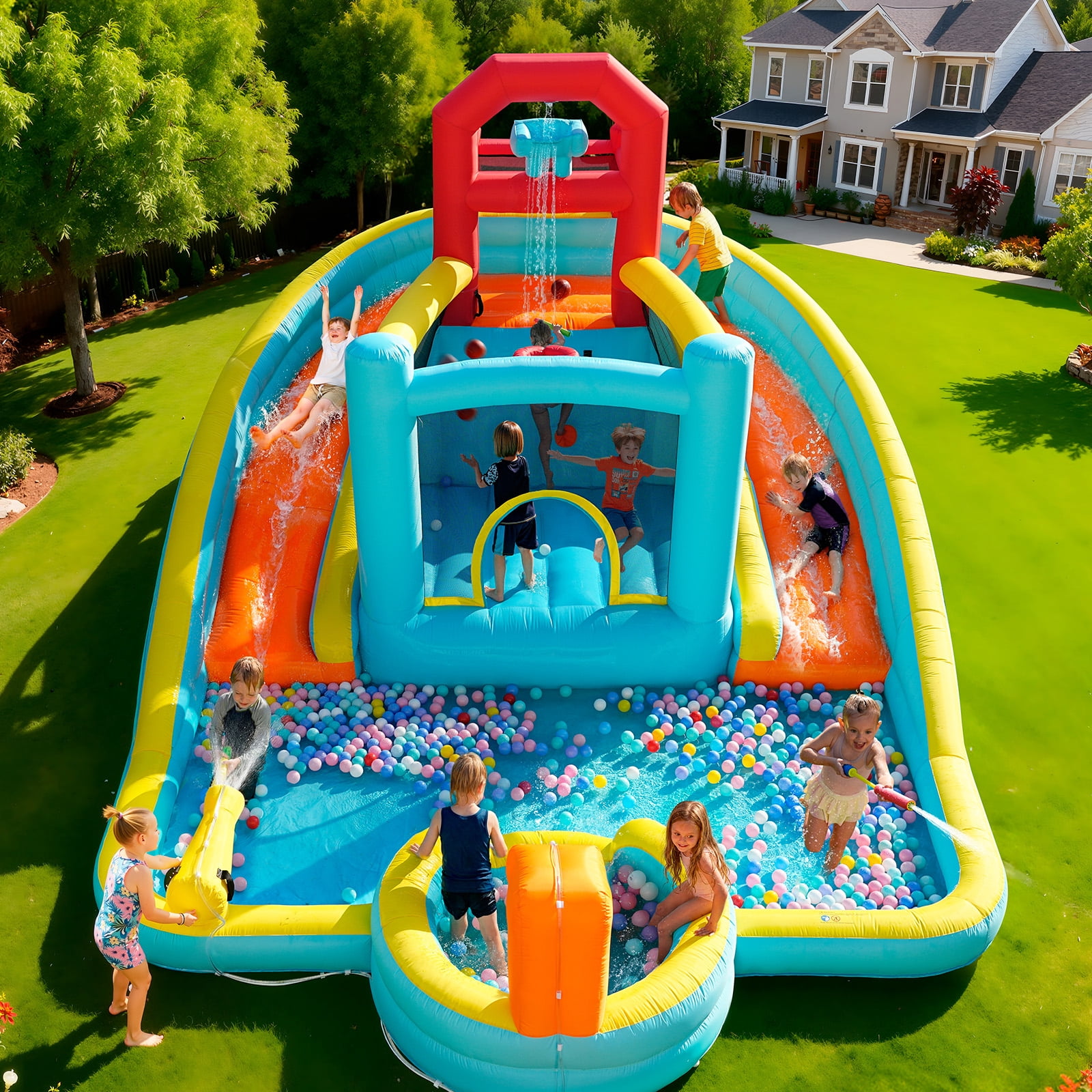 Patbrela 9 in 1 Large Inflatable Water Slide Bounce House ,211" x 104" x 143",With 750w Blower,2 Water Slides, 2 Water Blasters,Double Blow up Splash,Deep Pool,Basketball Hoop,Water Canon
