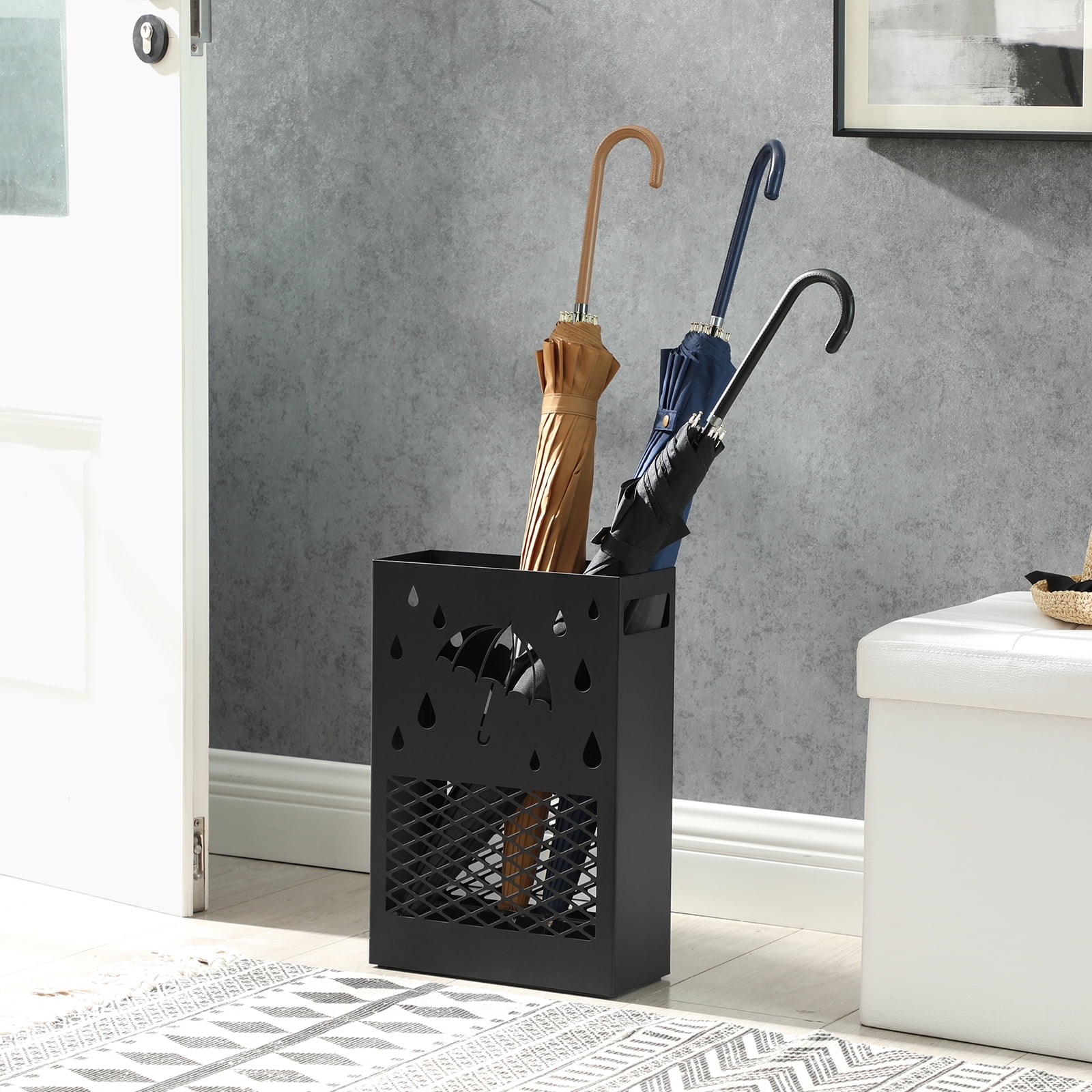 SONGMICS Metal Umbrella Stand, Rectangular Umbrella Holder Rack, with a Removable Drip Tray, 4 Hooks, Cutout Design, for Entryway, Office, Black