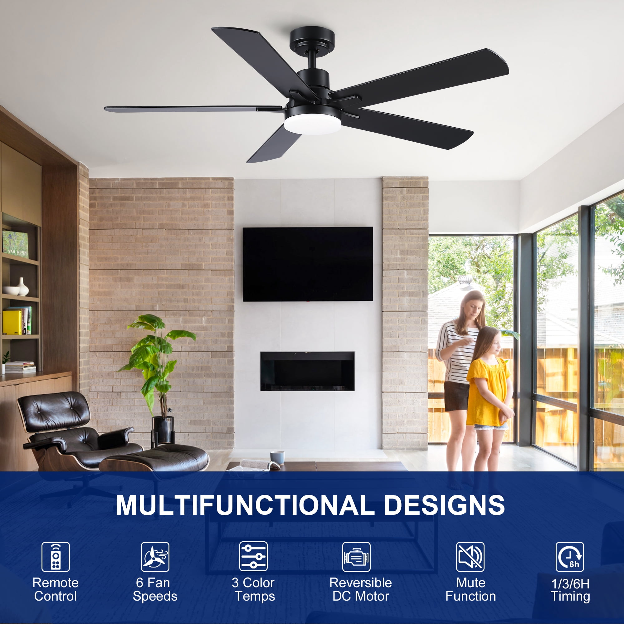 Wellspeed 52 in. Modern Ceiling Fan with Dimmable Light, for Indoor, Remote Control, 6 Speeds Reversible DC Motor, Black
