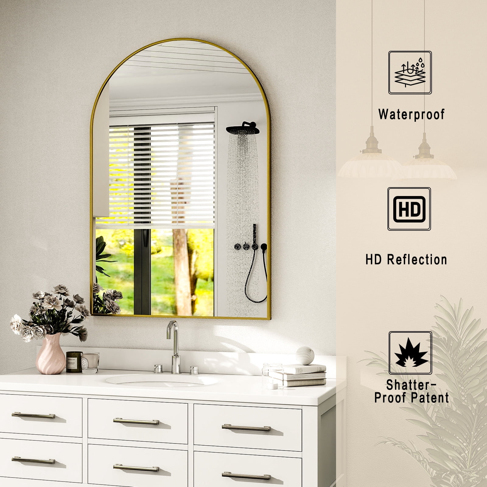 Gleamira 26"x41" Arched Bathroom Mirror Wall Mounted Mirror with Metal Frame, Gold