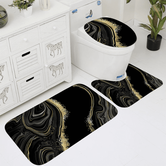 Black & Gold Marble 3-Piece Bath Rug Set, Non-Slip Polyester Bathroom Mats, Modern Abstract Washable Low-Pile Rugs with Toilet Lid Cover & U-Shaped Mat for Luxury Bathroom Decor
