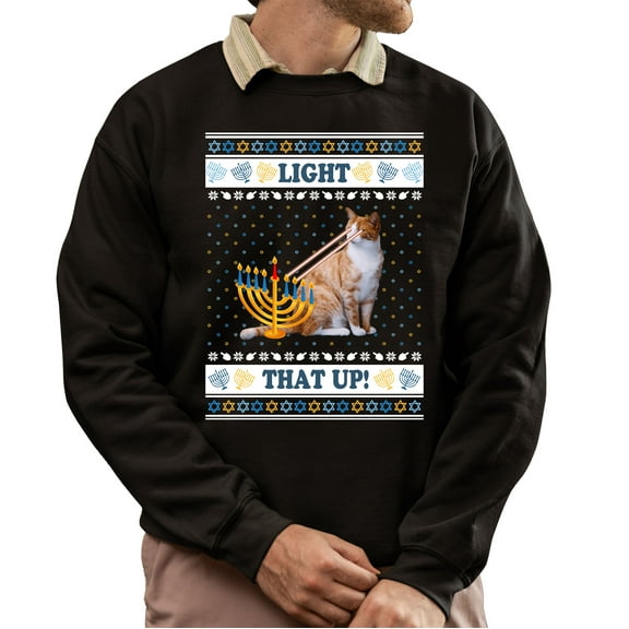 Christmas Sweatshirt, Light That Up! Funny Laser Cat Hanukkah Sweatshirt, Witty Feline Menorah Sweatshirt, Unique Gift for Cat Lovers & Hanukkah
