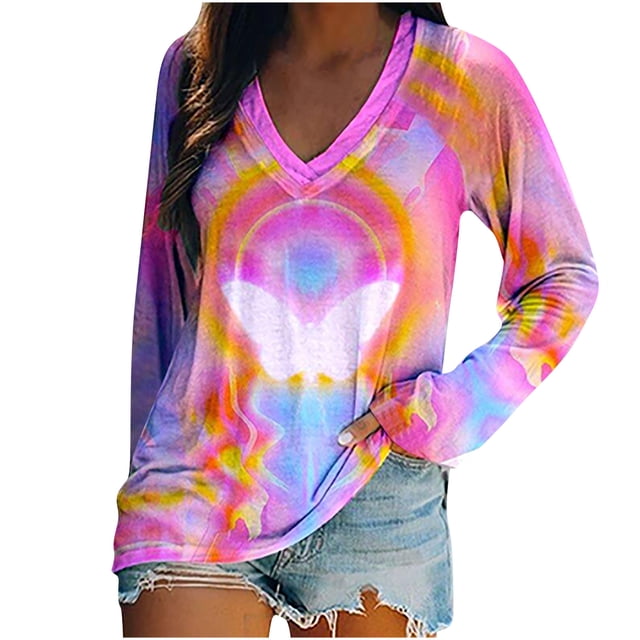 Camiseta de manga larga estampada con cuello en V suelta informal a la moda para mujer Pompotops gfhjh20922