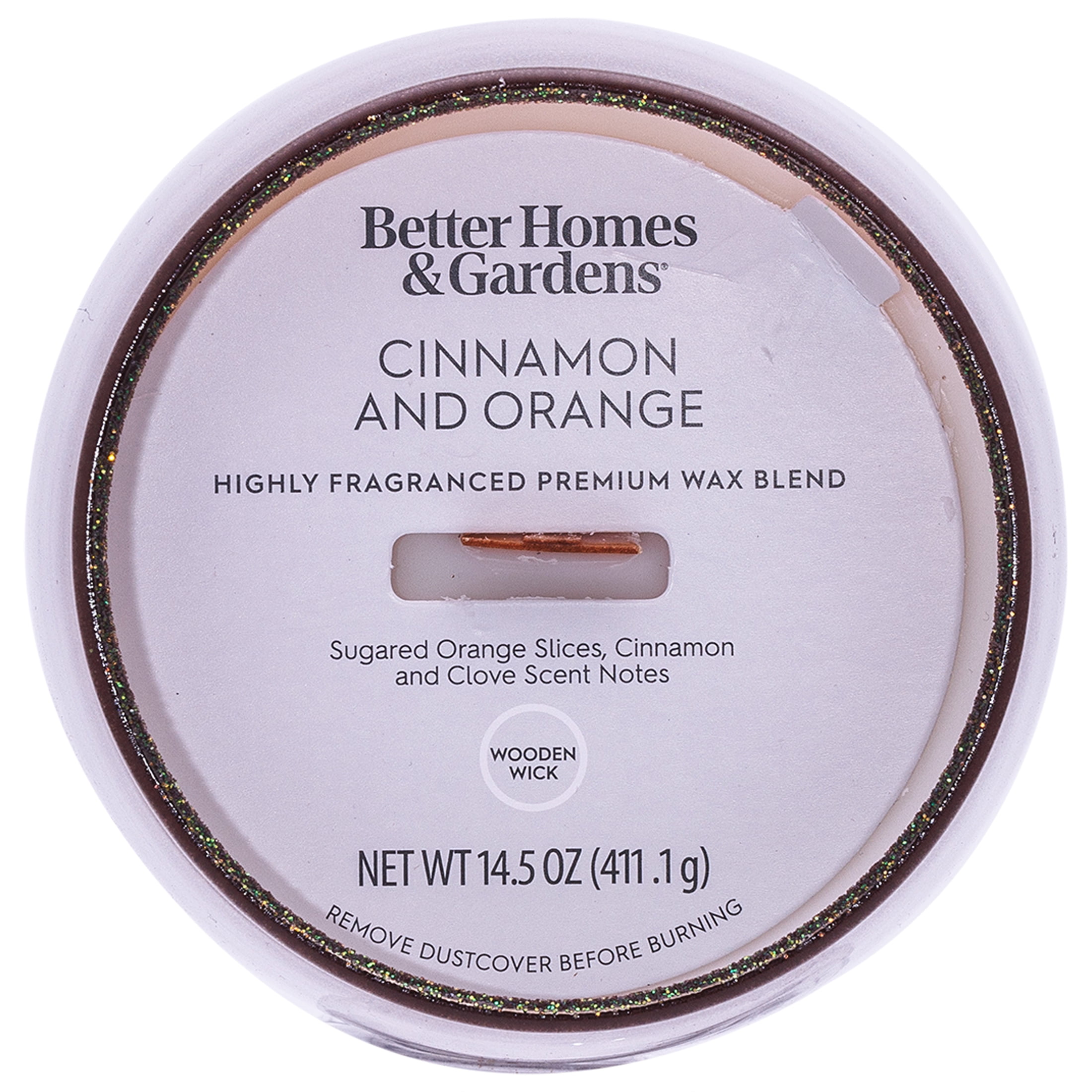 Better Homes & Gardens Wood 1-Wick Holiday Scented Glitter Jar Candle, Cinnamon and Orange, 14.5oz.
