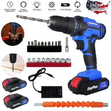 

Dayplus 21V Cordless Drill 3/8”Electric Screwdriver Wireless Power Driver 2x Battery