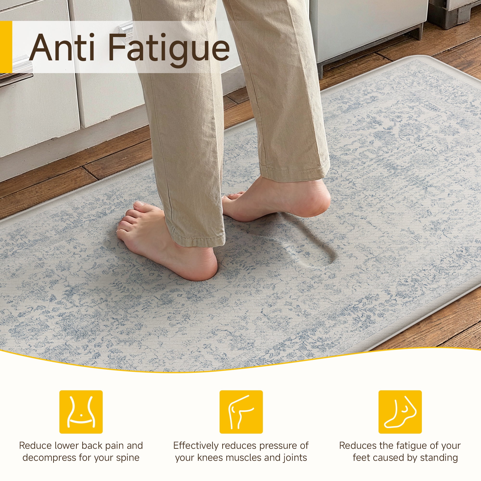 BERTHMEER Kitchen Rugs for Floor 2 Piece, 17.3"x30"+17.3"x47" Anti Fatigue Waterproof Blue Kitchen Mats, Non Slip Comfort Standing Mat Rug for Home, Sink, Laundry, Blue