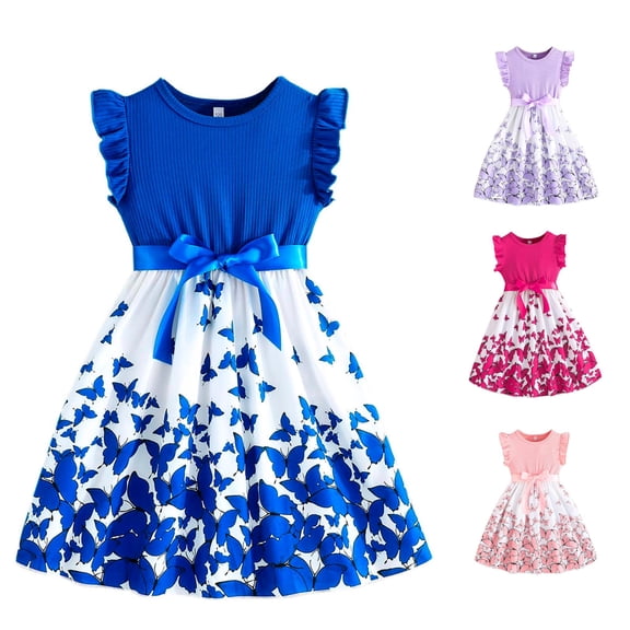 WAYUTE Girls Dresses Bowknot Design Children Kids Ruffle Trim High Waist Sleeveless A Line Sundress Casual Loose Fit Summer Outdoor,Blue