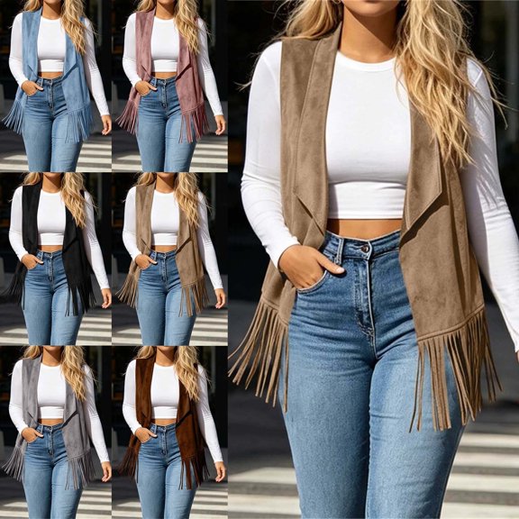 Women's Fringe Vest Lapel Vest Sleeveless Vest Trendy Fall Spring Layerlook Khaki XL