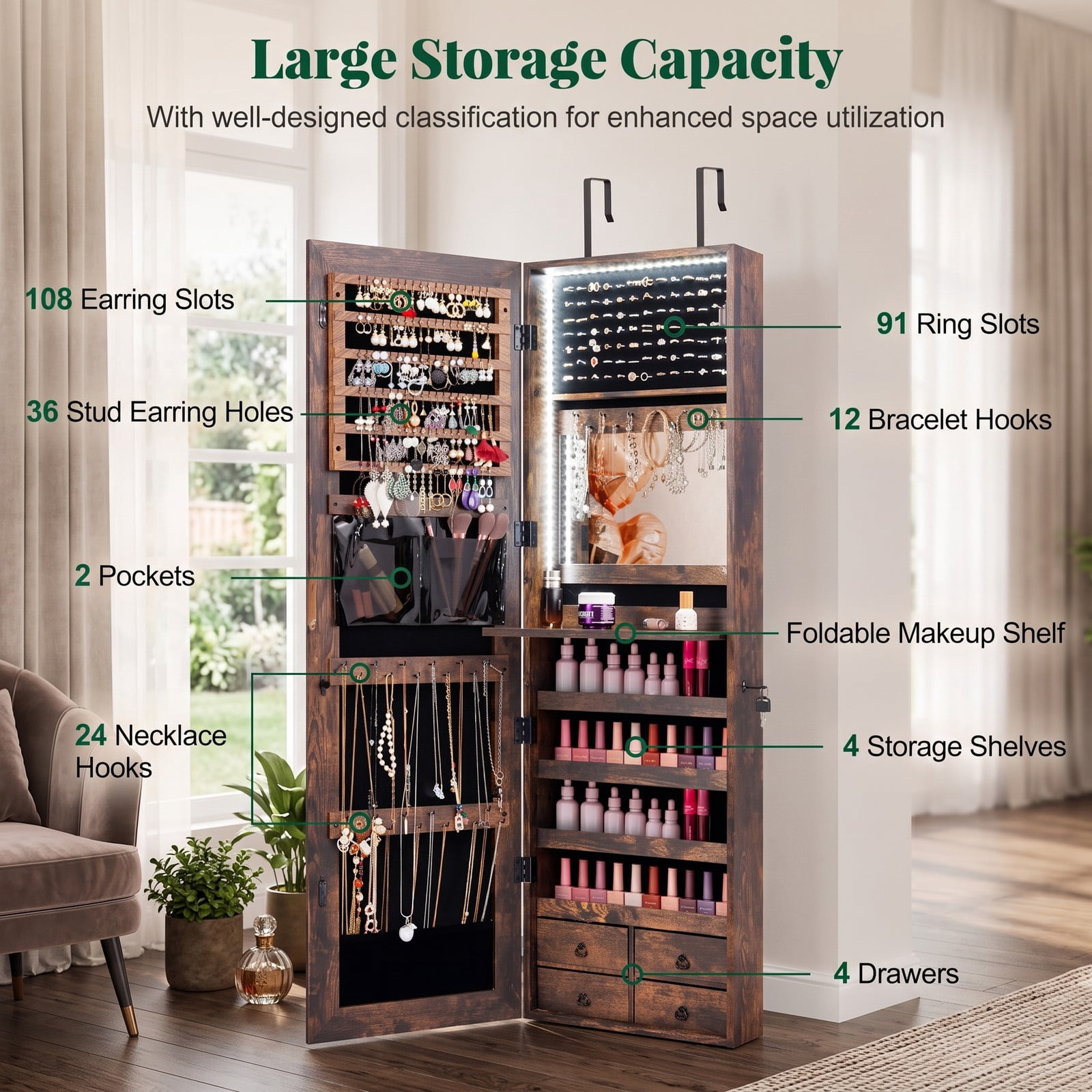 Furnibear Wall and Door Mounted Jewelry Cabinet with Full-Length Mirror, 4 Drawers, and 96 LED Lights for Bedroom Storage, Rustic Brown