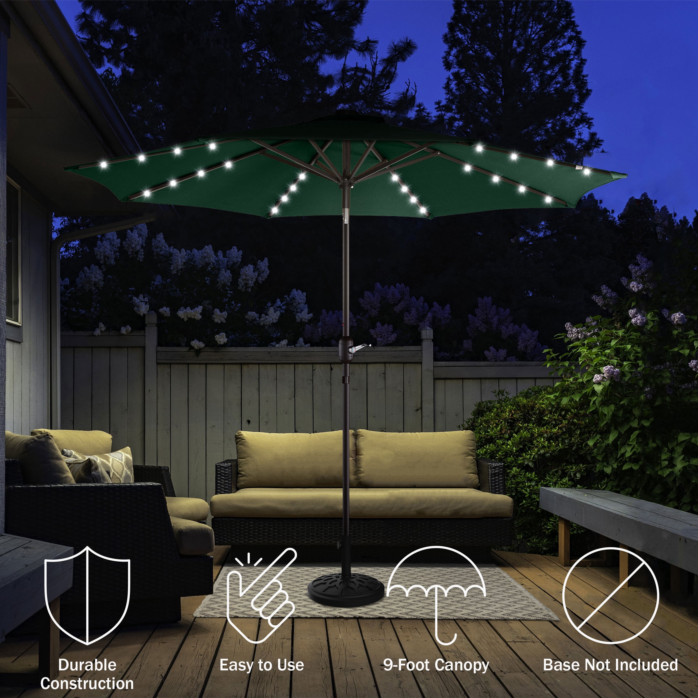 Villacera 9' LED Lighted Outdoor Solar Powered Patio Umbrella with 8 Steel Ribs, Forest Green
