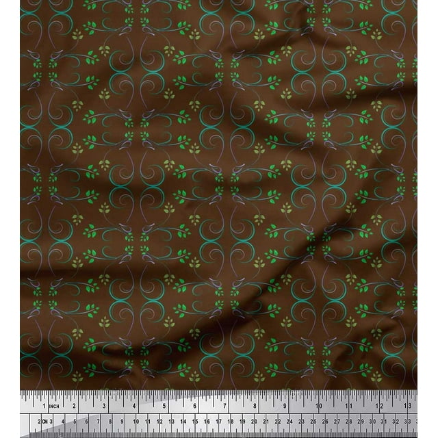 Soimoi Brown polyester Crepe Fabric Leaves & Filigree Damask Print Fabric by Yard 52 Inch Wide