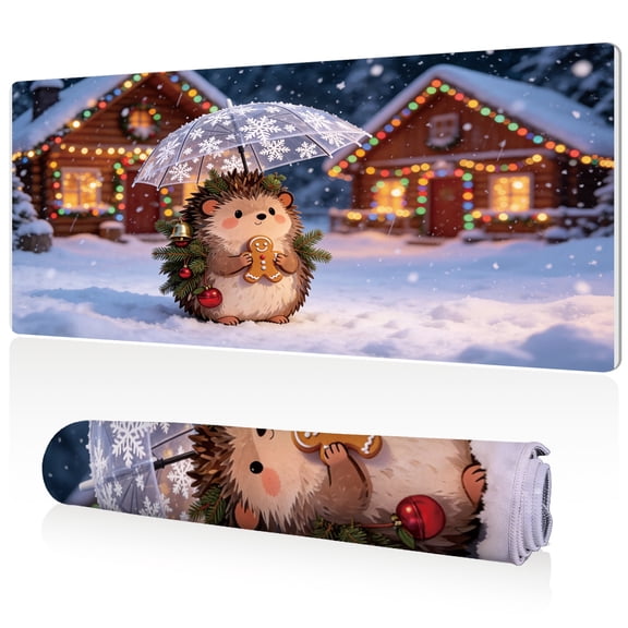 LIVEKEY XXL Gaming Mouse Pad 80x40x0.3cm Cute Hedgehog with Gingerbread in Snowy Christmas Village Full Desk Coverage Non Slip Durable Easy Clean Stitched Edges for Gaming and Office